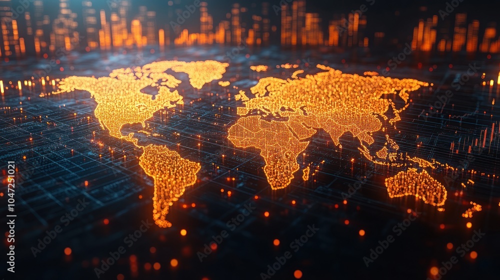 Poster a digital world map illuminated with orange lights, representing data and connectivity.