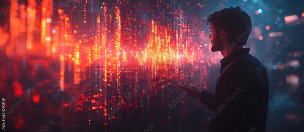 Poster a person interacts with a vibrant digital display of data and sound waves.