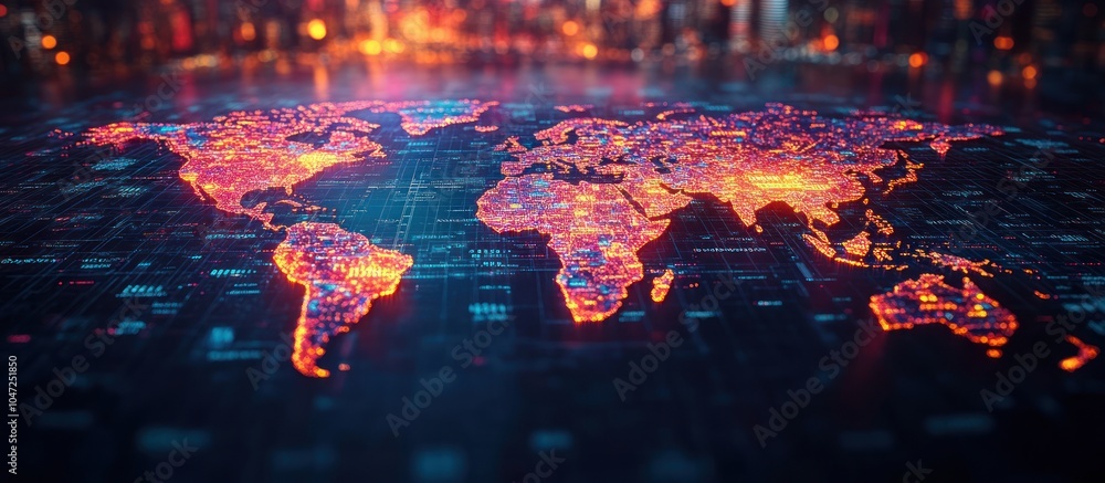 Poster a digital map of the world illuminated with vibrant data points and connections.