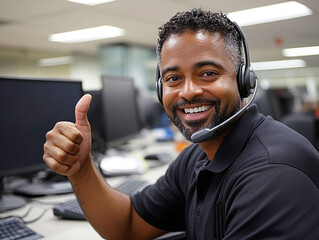 An African-American man wearing headphones in a call center and smiling at the camera with a thumbs-up.