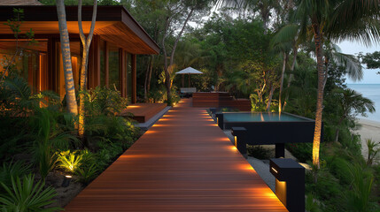 Obraz premium Luxury resort walkway with polished wood decking and modern lighting, surrounded by palm trees