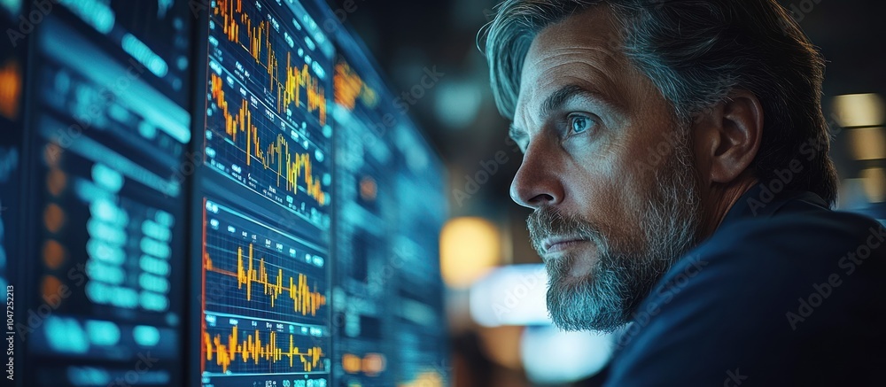 Poster a focused individual analyzing data on multiple screens in a modern workspace.
