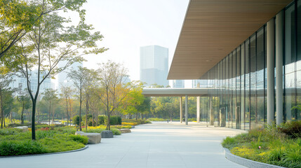 Obraz premium Modern campus walkway with sleek concrete design, surrounded by innovative architecture and green spaces