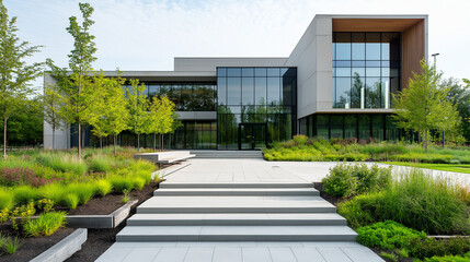 Naklejka premium Modern campus walkway with sleek concrete design, surrounded by innovative architecture and green spaces