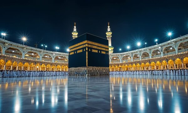 Night view of the Kaaba in Mecca during pilgrimage.