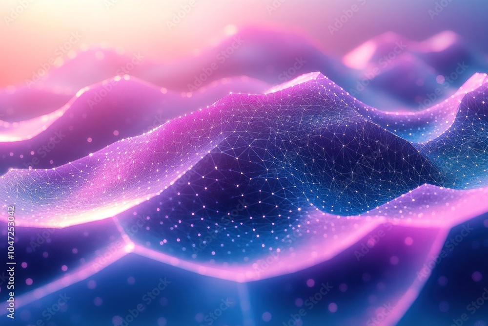 Aufkleber abstract digital landscape with flowing waves and a network of glowing points.