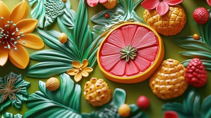 Bright tropical fruit relief, embossed 3D texture, high-definition with exotic color pattern.