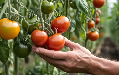 Farmer harvesting fresh red tomatoes in greenhouse