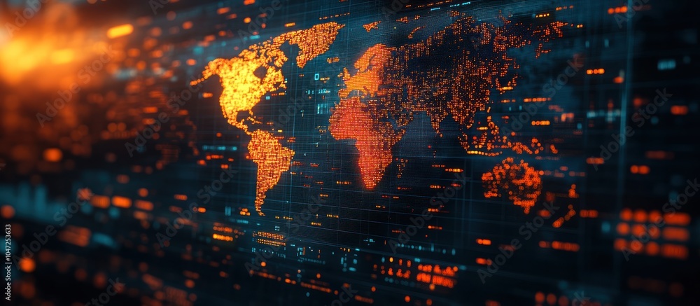 Poster a digital world map illuminated in orange tones, showcasing data visualization.