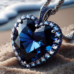 Heart of the ocean necklace with big blue diamond stone on the beach