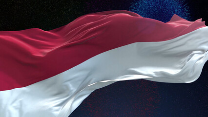 Indonesia flag - Waving flag on celebrating fireworks for national holiday day. Ceremony for...
