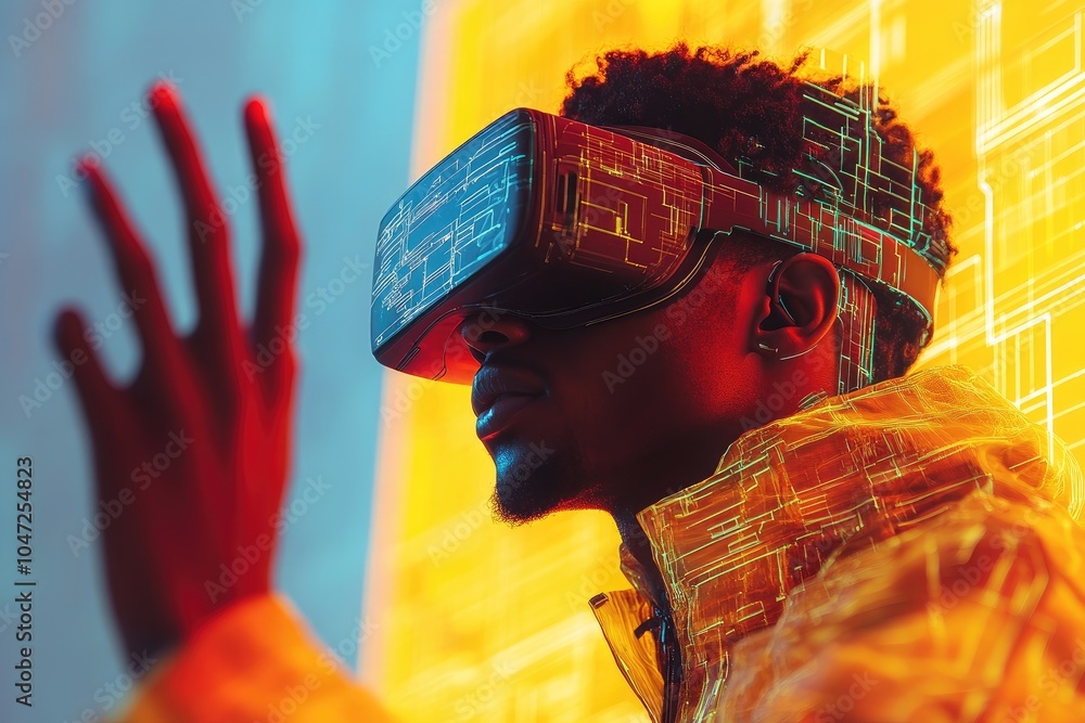 Poster Software engineer wearing vr headset exploring virtual reality interface