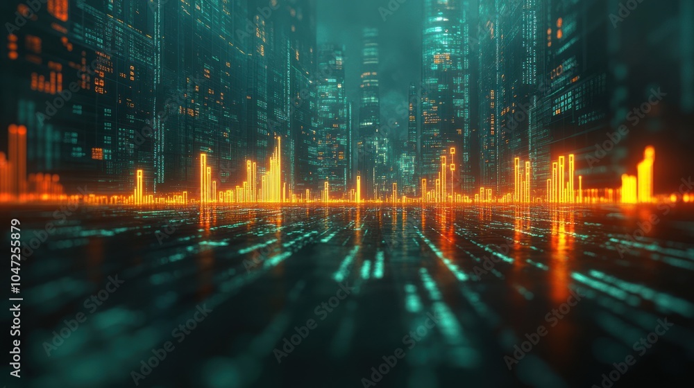 Poster a futuristic cityscape with glowing data visualizations and reflections on a sleek surface.