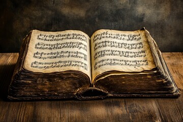 Aged book with music sheets. Vintage musical score. generative ai