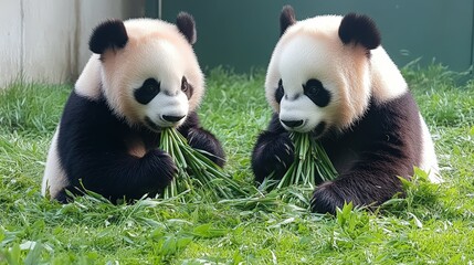 Naklejka premium Pandas Enjoying Bamboo in a Zoo Setting