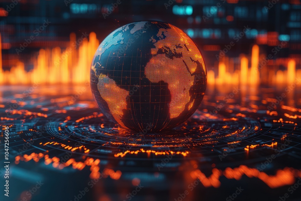 Poster a glowing globe surrounded by digital data and graphs, symbolizing global connectivity.