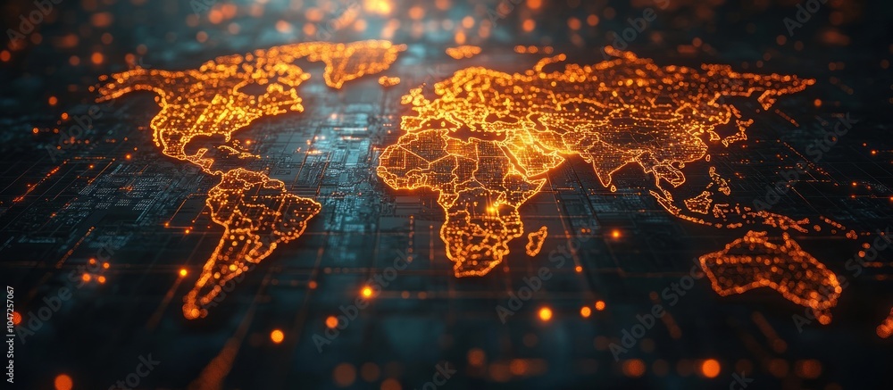 Poster a digital representation of a glowing world map with data connections.
