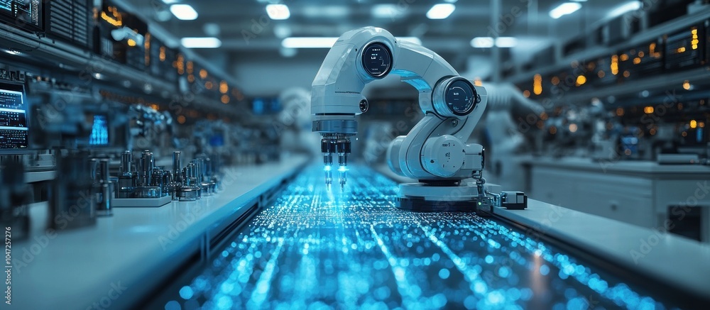 Poster a robotic arm operates in a high-tech industrial setting, showcasing advanced automation.