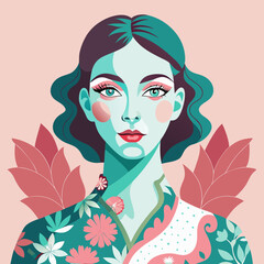 Elegant woman with floral patterns painted on her face, in a soft, pastel color palette