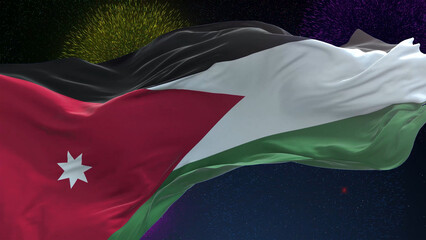 Jordan flag - Waving flag on celebrating fireworks for national holiday day. Ceremony for patriotic celebration of nation 