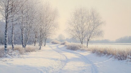 Obraz premium Curved snowy path lined with frosted trees, serene winter landscape under a pale sky.