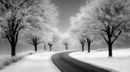 Obraz premium Curved snowy path lined with frosted trees, serene winter landscape under a pale sky.