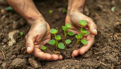Close up view of hand carefully planting sprouts, eco-friendly farming concept