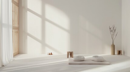 A serene and minimalist yoga studio design boasting a pure white canvas backdrop, Simple yet functional minimalist yoga props, Zen minimalist style