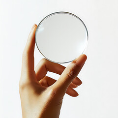 Hand holding a circular mirror against a light background