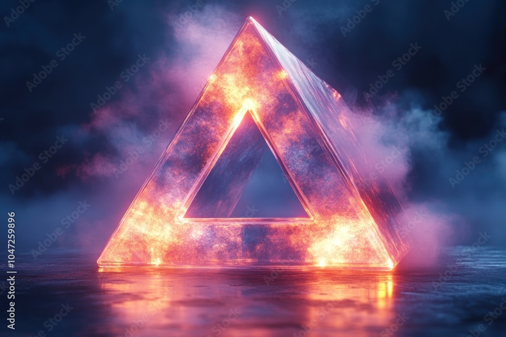 Poster a glowing triangular prism surrounded by mist, creating a mystical atmosphere.