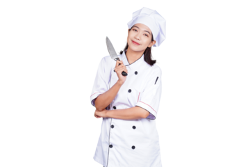 Asian woman chef in uniform holding kitchen utensils isolated transparent