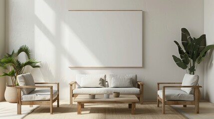 Fototapeta premium A serene and tranquil living room setup featuring a white canvas backdrop, Minimalist furniture arranged for comfort, Zen minimalism style