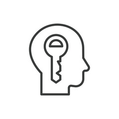 Key in head, in line design. Idea, creativity, unlock, innovation, concept, imagination, inspiration on white background vector. Key in head editable stroke icon