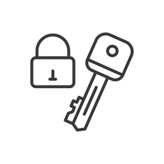 Key and lock, in line design. Key, lock, security, protection, access, mechanism, safety on white background vector. Key and lock editable stroke icon
