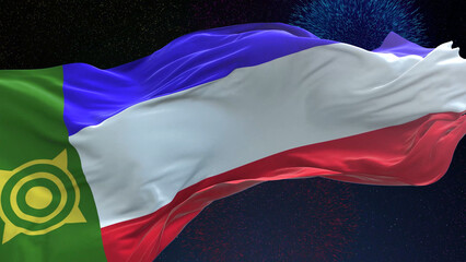 Khakassia flag - Waving flag on celebrating fireworks for national holiday day. Ceremony for...
