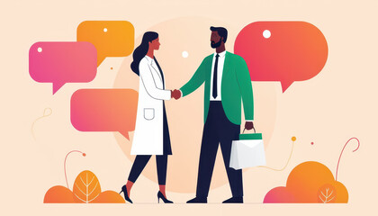 Contemporary art collage. Two young people standing in speech bubbles and shaking hands. Meeting an make deals online. Concept of partnership, business acquisition, deals, cooperation, teamwork.	
