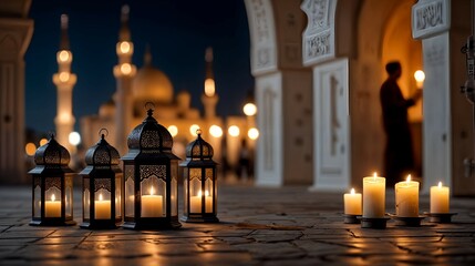 Arabic style lanterns with candles and prayer beads on the right side, with a blurred white mosque in the background 