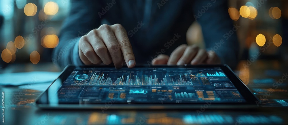 Aufkleber a person interacting with data visualization on a tablet, showcasing analytics and technology.