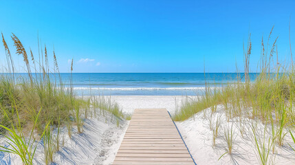 Wooden beach boardwalk surrounded by dunes and sea oats, leading to a clear blue ocean
