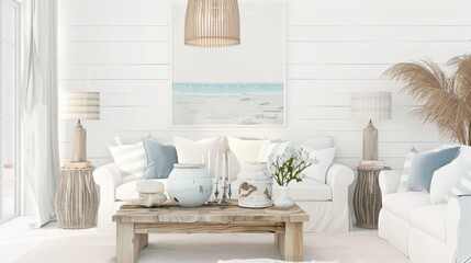 A serene coastal beach house-inspired lounge design with a white canvas backdrop, Featuring coastal decor elements such as driftwood accents and nautical-themed accessories