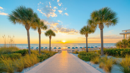 Fototapeta premium Walkway lined with palm trees and beach umbrellas, stretching towards the ocean