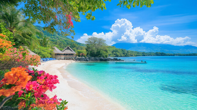 Walkway along a tropical beach with bright flowers, ending at turquoise waters