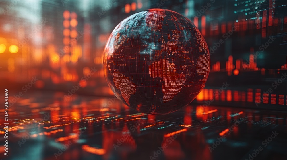 Poster a digital globe surrounded by glowing data patterns, symbolizing technology and global connectivity.