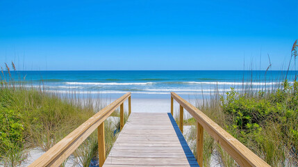 Obraz premium Wooden boardwalk leading to a sandy beach, gentle waves in the background under a clear sky