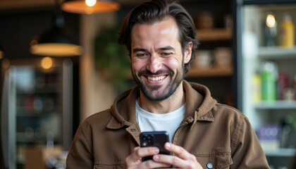 Happy man reading a message on the phone and smiling