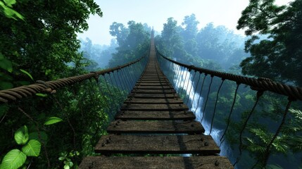 Obraz premium Jungle Rope Bridge Over Waterfall Adventure Travel Photography