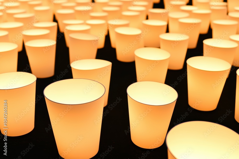 Poster a captivating array of illuminated cups creating a warm, inviting atmosphere, ideal for gatherings o
