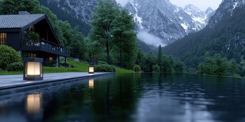 Obraz premium Mountain Lodge Infinity Pool with Deck and Lanterns