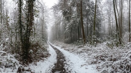Frozen path through dense winter woods, pale sky peeking through the trees, snowy trail untouched.