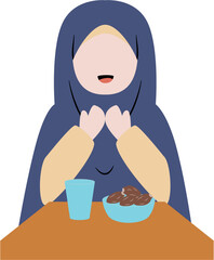 Muslim woman praying before eat cartoon